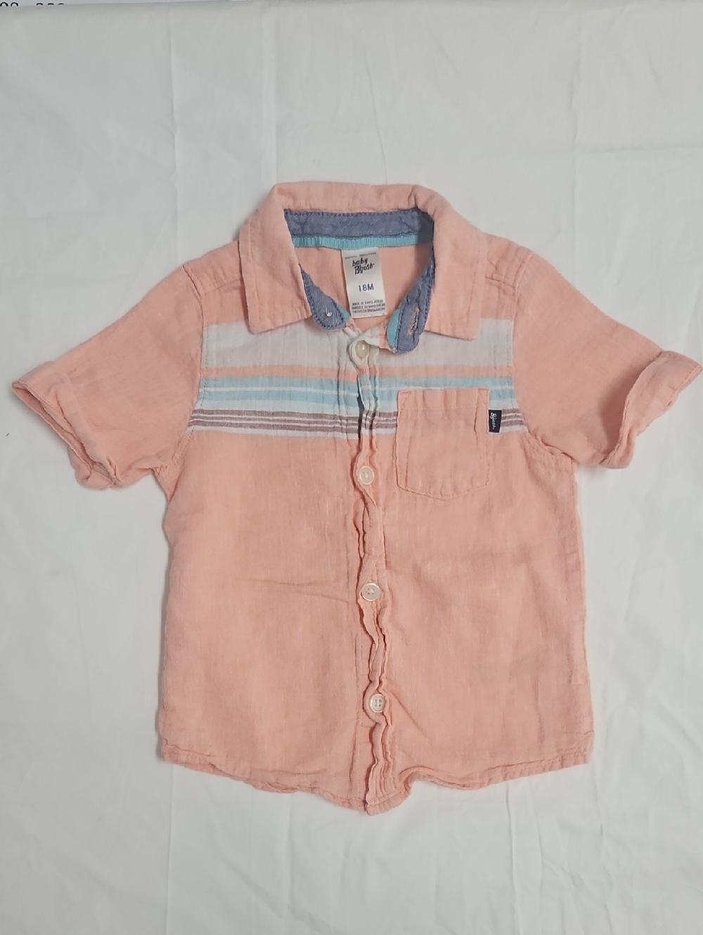 Baby OshKosh B'gosh 18 Months Peach Linen Short-Sleeve Button-Up Stripe Shirt